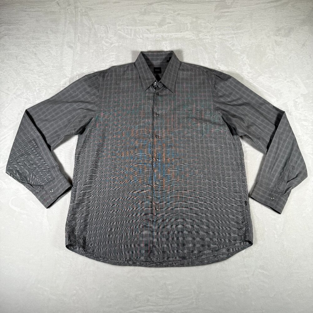 Hugo Boss Shirt Men Size XL Gray Long Sleeve Cotton Rayon Blend Single Pocket GU